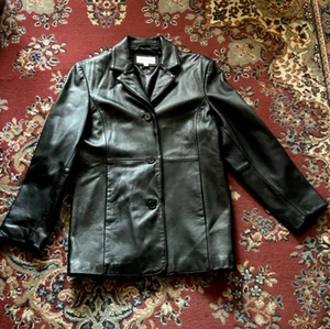 Charles Klein Women's Soft Black Leather Jacket Size L - 3 Button Front Blazer - Picture 1 of 4