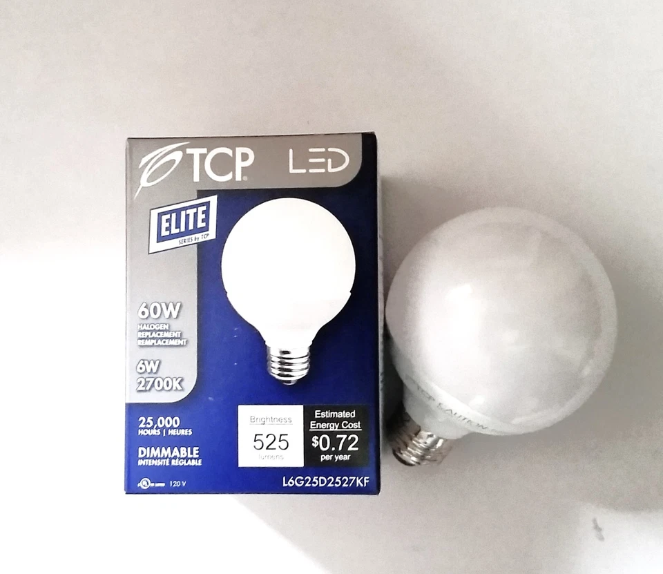 TCP L6G25D2527KF 6W Dimmable LED G25 Globe Warm White Light Bulb 60 Watt Equiv - Image 1 of 4
