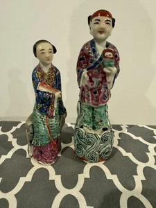 Antique Pair Famille Rose Enamel Porcelain Figurines Chinese Republic Era - Picture 1 of 2