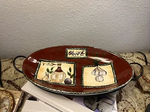 Parini Ceramic oval serving dish bowl metal stand A Taste of Tuscany Vino Olive  - Picture 1 of 9