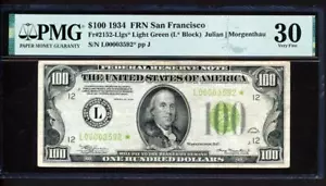 Fr.2152-Llgs* 1934 $100 SAN FRANCISCO "STAR" LOW SERIAL 3592* LIGHT GREEN PMG 30 - Picture 1 of 2