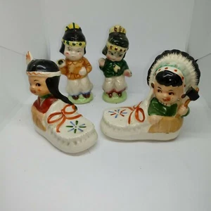 2 pair Vintage Ceramic Moccasin Salt & Pepper Shakers Brave Chief tomahawk Japan - Picture 1 of 6