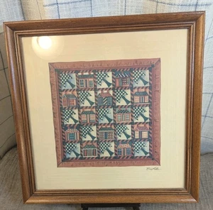 Vintage Bev Lohr Framed Folk Art Quilt Print Houses Checkerboard 13 1/2" Square - Picture 1 of 10