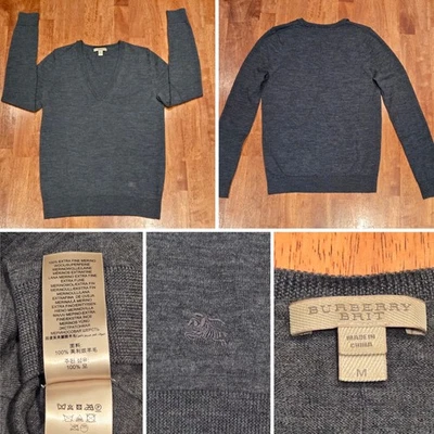Suéter feminino Burberry Brit extra fino lã merino malha gola V tamanho médio cinza - Imagem 1 de 4