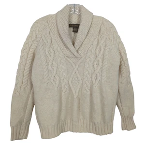 Inis Crafts Womens Ivory Sweater Size L Shawl collar Cable Knit Irish Fisherman - Picture 1 of 14