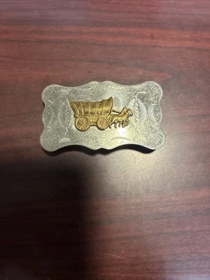 Vintage Belt Buckle Nickle Plated covered wagon horses USA - Image 1 of 3