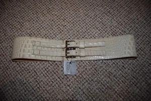 NEXT Y2K Wide Double Buckle Belt L 16 - 18 Ecru Cream Croc Chunky Waist Waspie - Picture 1 of 9