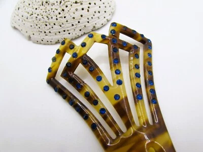 Старинный эдвардианский синий со стразами коричневый искусственный черепаховый панцирь целлулоид расческа для волос - Изображение 1 из 4