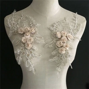 1 Pair Lace Embroidered Floral Neckline Neck Collar Trim Clothes Sewing Applique - Picture 1 of 5