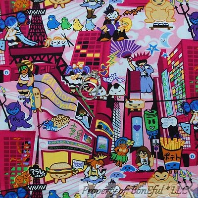 BonEful FABRIC FQ Cotton Quilt Pink B&W VTG Anime Japan Flower City Cartoon Flag - Image 1 of 4