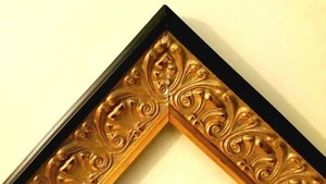 23 X 28 STANDARD PICTURE FRAME 3" WIDE BLACK & GOLD LEAF CARVED MOULDING - Picture 1 of 10