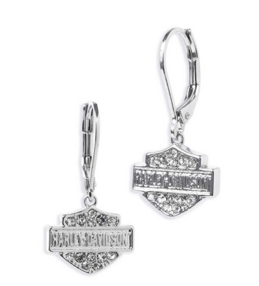 Brincos femininos Harley Davidson com barra de cristal e escudo logotipo gota prata 34G00035 - Imagem 1 de 1