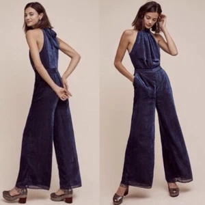 Anthropologie Elevenses Nova Jumpsuit Navy Blue Velvet Halter Women’s Size 2P - Picture 1 of 12