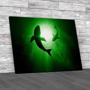 Great White Sharks Circling Green Canvas Print Large Picture Wall Art - Picture 1 of 8