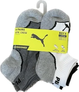 PUMA 6 Pair Boys Socks Quarter Crew Cushioned LG 9-11 Shoe Sz 4-9.5 Grey/White - Picture 1 of 2