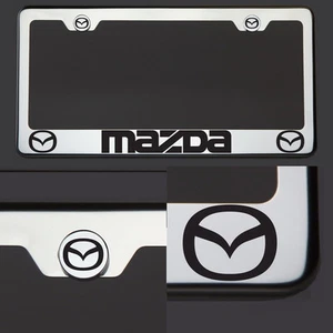New Chrome T304 License Plate Frame Tag Mazda Black Letter Laser Etched Engraved - Bild 1 von 7