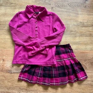 Vintage Y2K Mary Kate & Ashley Pink Polo Long Sleeve Top and Plaid Skirt Set 6x - Picture 1 of 9