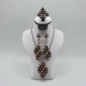Traditional Amazigh Trio Jewelry Set Berber Earrings,Necklace & Ring with Coral - Picture 1 of 10