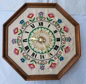 Vintage 70s Crewel Hand Embroidered Floral Octagonal Wood Frame Wall Clock 14.5” - Picture 1 of 10