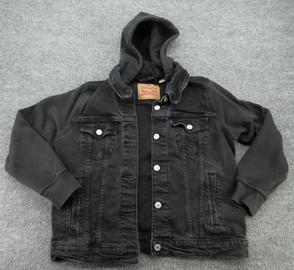 Levis Hooded Trucker Jacket Youth Large Black Denim Fleece PC9 75692-0003 - Image 1 of 4