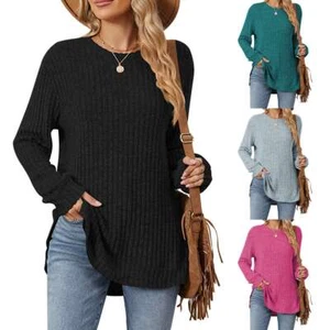 Stylish Casual Womens Long Sleeve Round Neck Top Ribbed Loose Fit T-Shirt - Picture 1 of 16