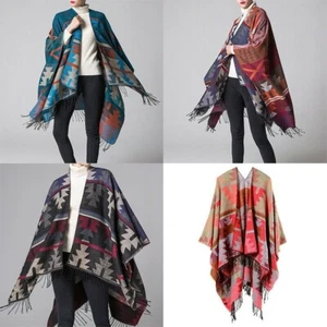 Lady Open Front Cardigan Shawl Cloak Boho Cape Poncho Kimono Blanket Wrap Casual - Picture 1 of 17