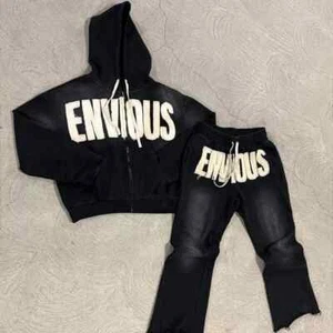 Mens 2 Piece Distressed Tracksuit Set Long Sleeve Jacket Pants Sweatsuit Outfits - Picture 1 of 7