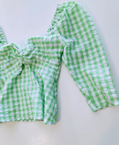 SHONA JOY green gingham checked plaid puff-sleeve lee party top the label S 8