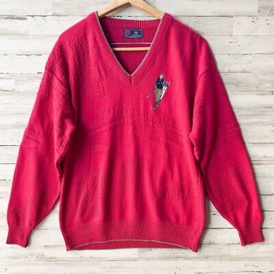 Suéter de Golf Vintage Años 80 90 Isla de Algodón Para Hombres M Rojo Bordado Cuello en V Retro Foto 1 de 4