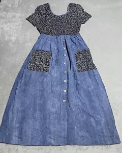 Vintage John Robert Dress Womens 8 Blue Floral Leaf Short Sleeve Heart Button - Picture 1 of 12