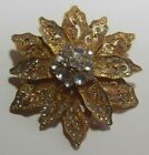 Vintage Layered filigree Starburst Flower brooch W/ Lots of Rhinestones
