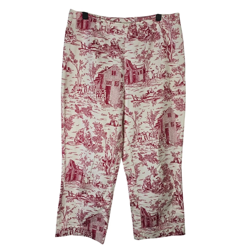 White Stag Toile Print Pants Ladies Size 12 Tusk Red Village Scene Crop - Image 1 of 4