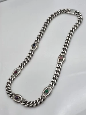 VINTAGE STERLING SILVER 925 MEXICO CUBAN LINK CHAIN MULTI STONE COLOR HANDMADE - Image 1 of 4