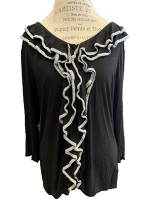 Ravel女式XL长袖纽扣双荷叶边衬衫黑色 — 第 1/4 张图片