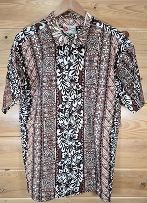 Camisa Hawaiana Hilo Hattie Floral Tribal Corteza Tela Hombres 2XL Marrón De Colección Foto 1 de 4