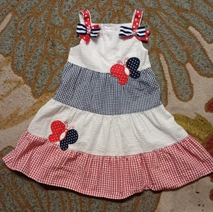 Rare Editions Red White Navy Check Patriotic Butterfly Dress  Little Girls 6 - Picture 1 of 7