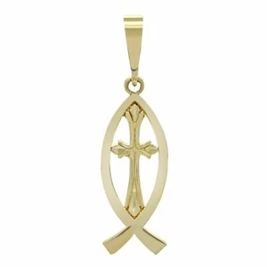 14k Gelbgold Jesus Fisch Ichthus Kreuz Religiös Charm Anhänger 1,1 Gramm - Bild 1 von 3