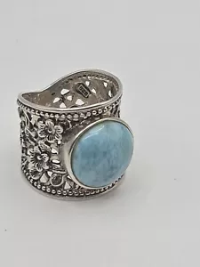 Sterling Silver Blue Larimar Cabochon Floral Wide Band Ring Size 7 - Picture 1 of 11