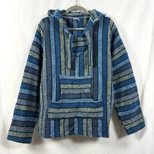 Castanias Vega Baja Hoodie Gr. L blau gestreift mexikanisch gewebt Kapuze Hippie Poncho - Bild 1 von 6