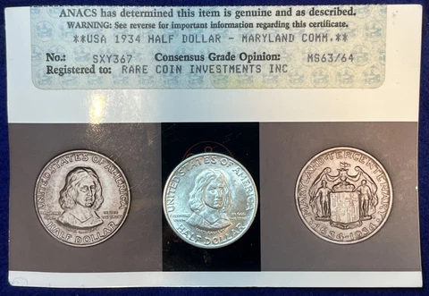 1934 Silver Maryland Commemorative Vintage ANACS Photograde MS 63/64 Cover
