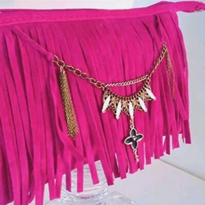 CROSSBODY Fringed Purse Fuscia Pink BOHEMIAN Beaded Chain Flower Charm Gypsy  - Picture 1 of 11