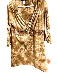 Only Nine Woman LS Shirt 1X hellbraun Batik V-Ausschnitt bestickt plus Stretch - Bild 1 von 20