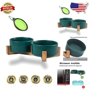 Double Bowl Pet Feeder Set - 28oz Ceramic Dog and Cat Bowls with Wooden Stand - Picture 1 of 10