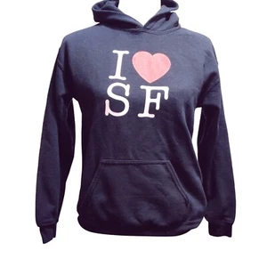 Gildan Youth L I Heart SF Graphic Hoodie Navy Blue Pullover Y2K Touristcore - Picture 1 of 6