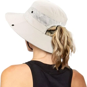 Women's UV-Protection Foldable Sun Hat: Mesh Wide-Brim Beach with Ponytail Hole - Picture 1 of 7