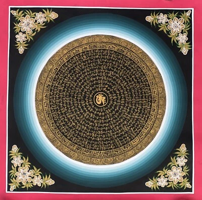 OM MANNI PADME HUM MANTRA MEDITATION MANDALA ORIGINAL TIBETAN THANGKA PAINTING - Image 1 of 4