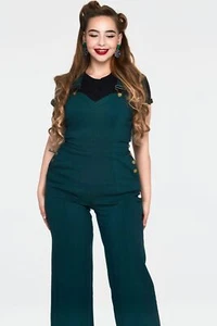 Retro Curve Connie Fitted Capri Overalls Green Vintage Style in Plus Size - Picture 1 of 5