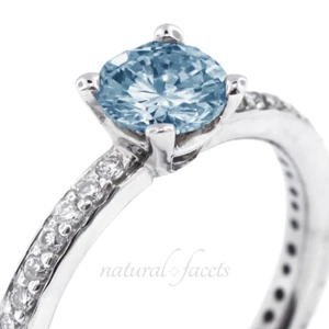 1.13ct Blue SI1 Round Natural Certified Diamonds 14k Classic Side Stone Ring - Picture 1 of 5