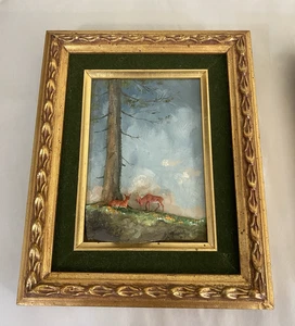 Paar italienische Strukturöle - Hirsch & Meereslandschaft, vergoldete Samtrahmen, Disneyland Hotel - Bild 1 von 15