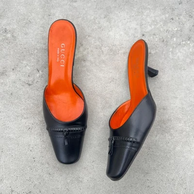 Gucci | Authentic Vintage Black Leather Brogue Loafer Designer Mule Kitten (37C) - Image 1 of 4